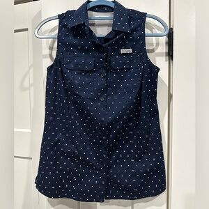 Women’s Columbia PFG Sleeveless Shirt Size XS Navy with White Dots